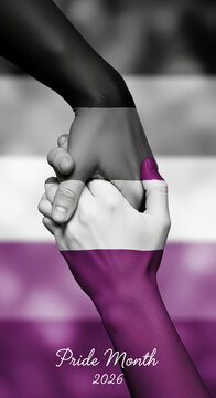 Two hands shaking, with asexual pride flag colors on skin, symbolizing support and identity for Pride Month