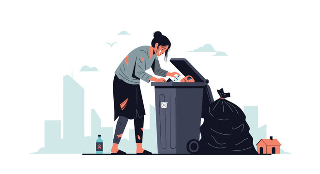 Poor homeless woman in tattered clothing searches through a large garbage bin for food or items in a city landscape during the day.
