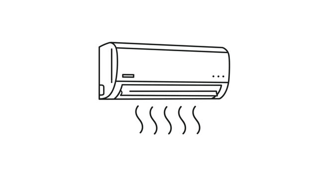 Simple black and white line drawing of an air conditioner unit mounted on a wall with wavy lines representing the flow of cool or warm air.