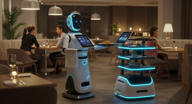 humanoid robot waiter serving food on tray and automated food delivery cart in modern restaurant interior for hospitality industry automation.