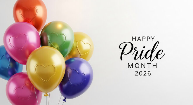 Colorful balloons with embossed hearts float against a white background, representing love and celebration, perfect for Pride Month themes.