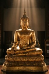 Fototapeta premium Golden seated Buddha statue on a lotus base illuminated by beams of light for meditation apps, spiritual editorial content and wellness brand website backgrounds