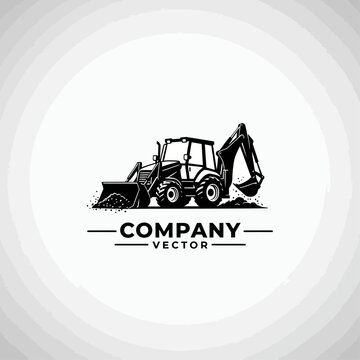 A black illustration of a tractor digging with a shovel in a construction site