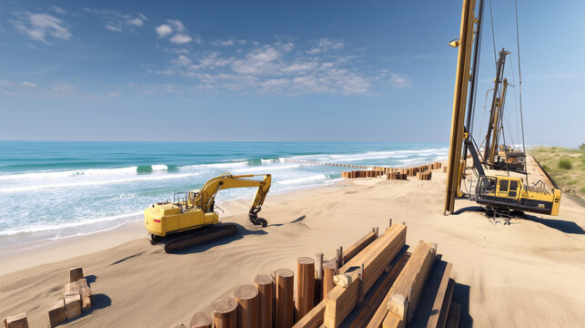 Coastal construction site with excavator and pile drilling rig near the sea, civil engineering work zone with wooden piles, sandy ground, shoreline infrastructure and heavy machine