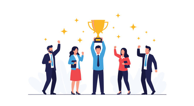 Successful business team celebrating a victory by holding a golden trophy cup with glowing stars in the background.