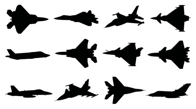 Black Silhouette Vector of Multiple Fighter Jets, Military Aviation