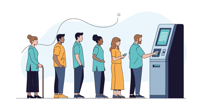 Diverse group of people standing in a long queue at an automated teller machine or ATM to withdraw cash or bank funds.