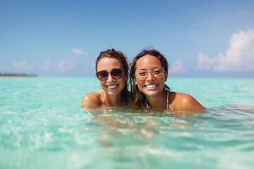 Fototapeta premium Two happy women swimming in turquoise sea at tropical beach, smiling friends on summer vacation, island travel, friendship, fun holiday, ocean lifestyle and copy space concept wome