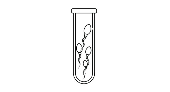 Medical illustration showing multiple sperm cells inside a laboratory glass test tube representing fertility research.