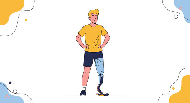 Confident young man with a modern prosthetic bionic leg standing with hands on his hips against a graphic background.