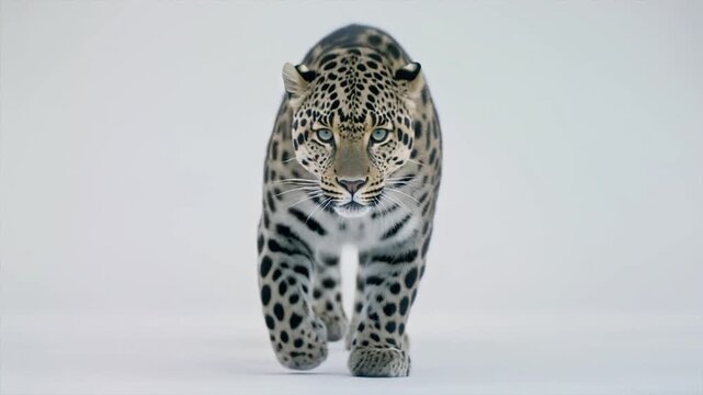 Leopard Ambles Through Snowy Studio Set In Slow Motion.