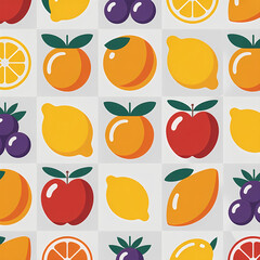Obraz premium Colorful Fruit Seamless Pattern – Vibrant Tropical Vector Background with Fresh Summer Fruits, Modern Repeating Design for Packaging, Fabric & Wallpaper