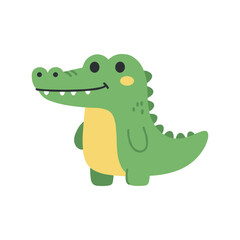 Fototapeta premium Cute flat vector illustration of a green crocodile standing upright, with a yellow belly and small back spikes, featuring a friendly expression in a simple cartoon style on isolated background