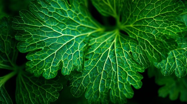 Close-Up View of Fresh, Green Leaves with Intricate Veins on a Dark Background