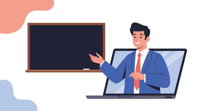 Smiling male teacher appearing from a laptop screen and pointing to a blackboard during an online education class.