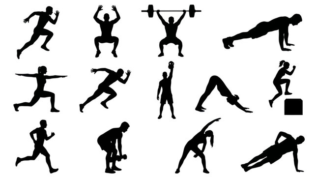 Fitness  Sport: Exercise Silhouettes Vector Collection of Workout  Training Activities