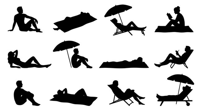 Black Silhouette of People Relaxing on Beach, Summer Vacation Lifestyle