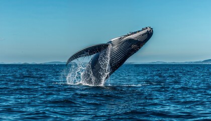 Naklejka premium Humpback whale breaching ocean surface under clear blue sky