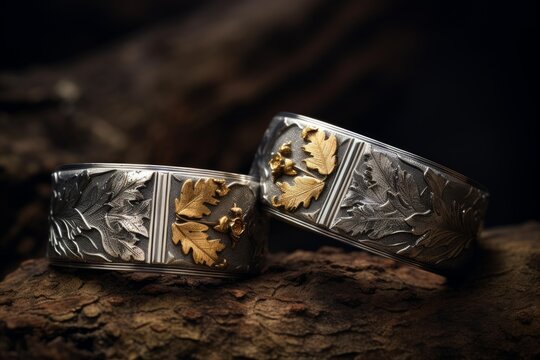 Two handcrafted rings featuring silver and gold oak leaves sit on a piece of textured bark