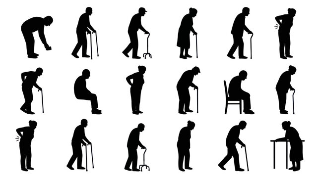 Elderly People Silhouettes - Seniors with Walking Sticks, Different Poses, Black  White