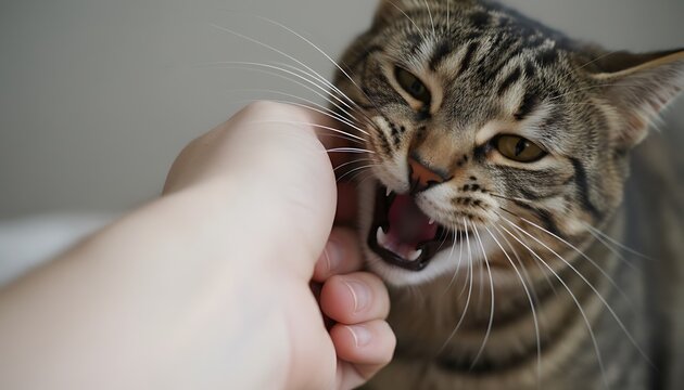 Brown tabby cat bites human hand during playtime showing its sharp teeth and whiskers