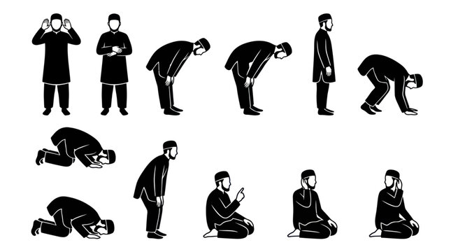 Muslim Man Praying Salat Steps Icon Set - Islamic Worship Silhouette Glyph Vector Art