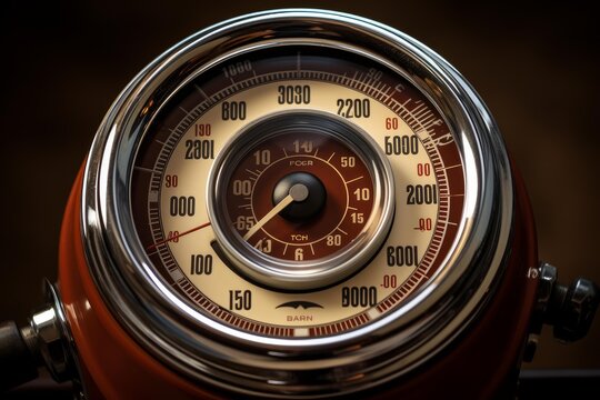 Chrome bezel surrounds vintage airplane cockpit instrument showing power and tachometer readings