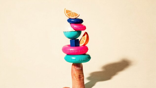 Minimalist creamy background featuring a precarious stack of summer objects balanced on one finger for seasonal greetings, vacation branding and creative advertising