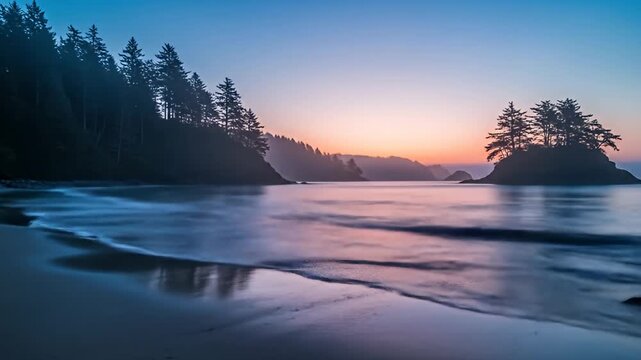 Sunset hues reflect on beach waves with forested cliffs and islet in the distance