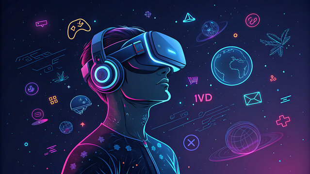 futuristic gamer wearing vr headset in neon cyberpunk digital universe with ivd technology icons