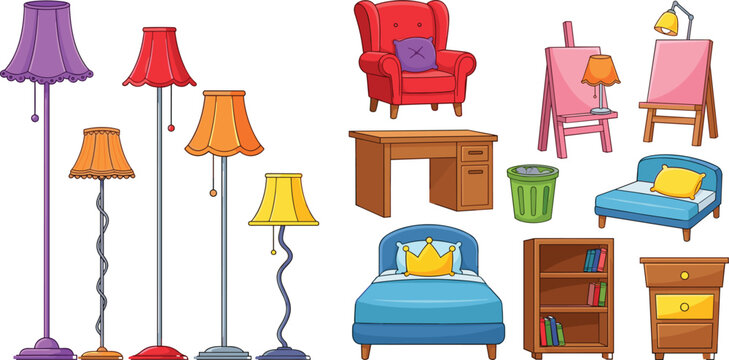 Cartoon home furniture and decor set lamps chairs desk bed interior objects collection cozy room elements vector illustration isolated bundle