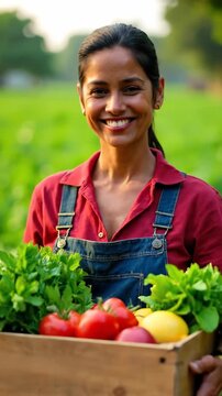 happy indian female farmer holding wooden crate with fresh organic vegetables in sunny green field. smiling woman in denim overalls harvesting crops. agriculture, healthy food from  farm