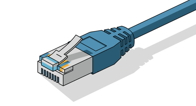Detailed isometric illustration of a blue ethernet cable with an RJ45 connector commonly used for computer network internet connection.