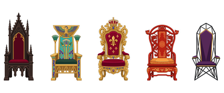 Set of royal thrones in different historical and fantasy styles isolated on white background, vector illustration.