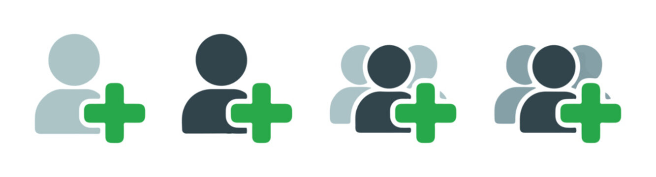 Group and single user add icons featuring person silhouettes with green plus signs for team management software.