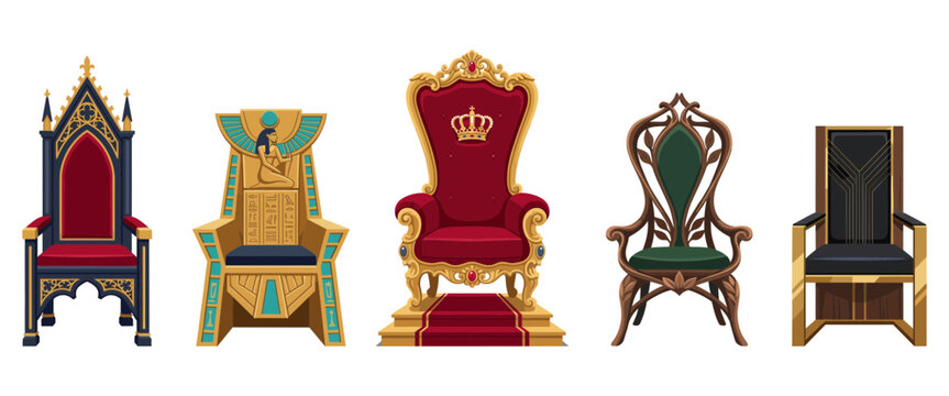 Set of royal thrones in different historical and fantasy styles isolated on white background, vector illustration.