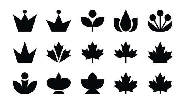 Collection of diverse flat black modern geometric icons including crowns maple leaves and abstract floral plant symbols representing royalty nature and growth isolated on a clean