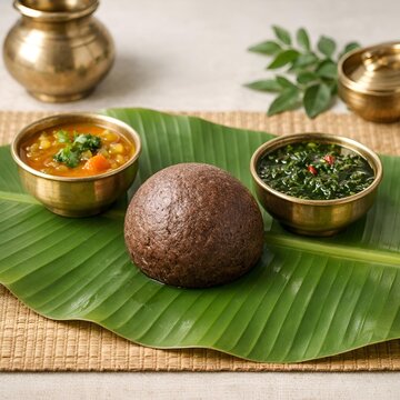 Traditional Indian meal featuring ragi mudde ball and two flavorful vegetable curries served in brass bowls on a banana leaf placemat, showcasing authentic cuisine