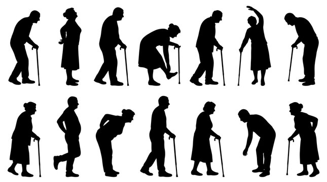 Aging Senior Health Vector Silhouettes: Elderly People with Walking Sticks for Elder Care