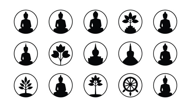 Collection of 15 minimalist black and white icons representing buddha bodhi trees lotus flowers and dharma wheel arranged in a grid for spiritual and cultural themes isolated
