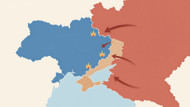Geopolitical regional conflict map showing territorial movement with arrows indicating directional force across borders representing strategic military progression toward contested zones during