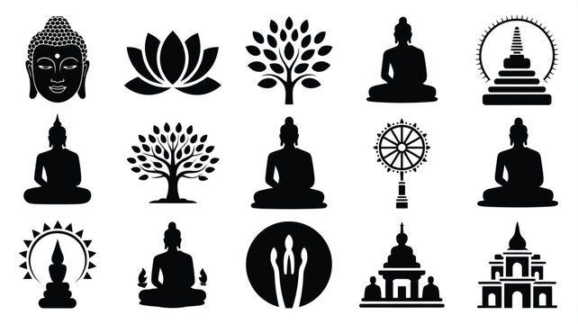 Collection of black silhouette icons representing buddhism spirituality enlightenment meditation and zen buddha lotus flower stupa dharma wheel and bodhi tree isolated on a clean