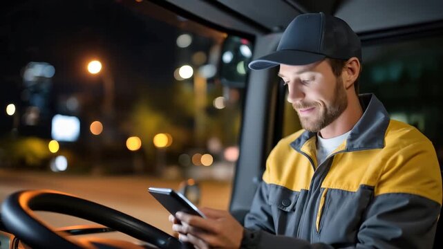 Delivery driver navigating rain-soaked urban streets during evening rush hour while checking route optimization app on mounted tablet device inside commercial vehicle cab, ideal fo