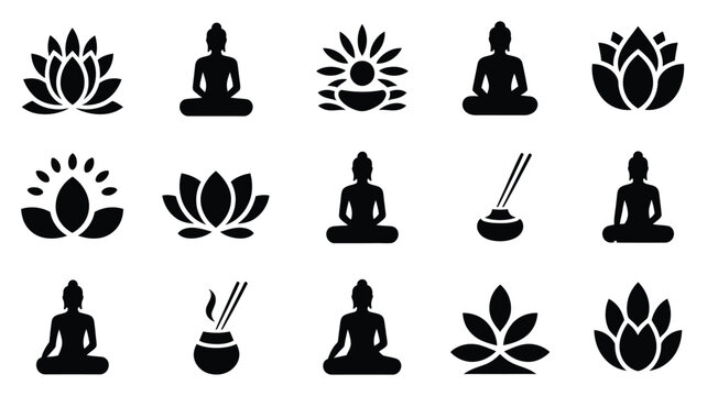 Collection of black silhouette icons representing spirituality and meditation featuring buddha figures in lotus poses blooming lotus flowers and burning incense sticks on a clean
