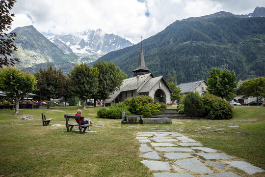 벤치,잔디,예배당,레프라교회,Chapelle des Praz,설산,몽블랑,샤모니,프랑스