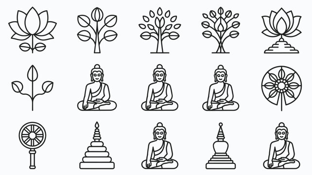 Collection of elegant thin line icons representing buddhism spirituality enlightenment and peace featuring lotus flowers buddha statues stupas and dharmachakra symbols on a subtle
