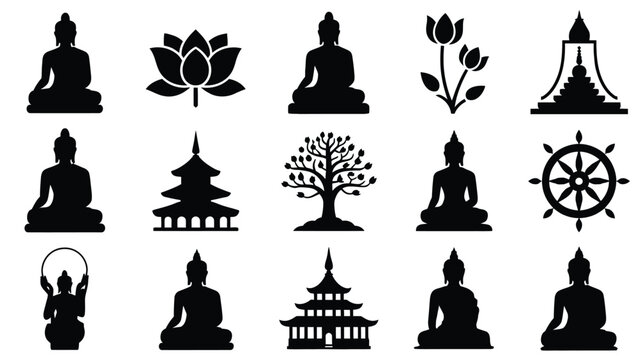 Collection of black silhouette icons featuring buddha statues in meditation lotus flowers pagodas sacred tree and dharma wheel symbol isolated on white background for spiritual