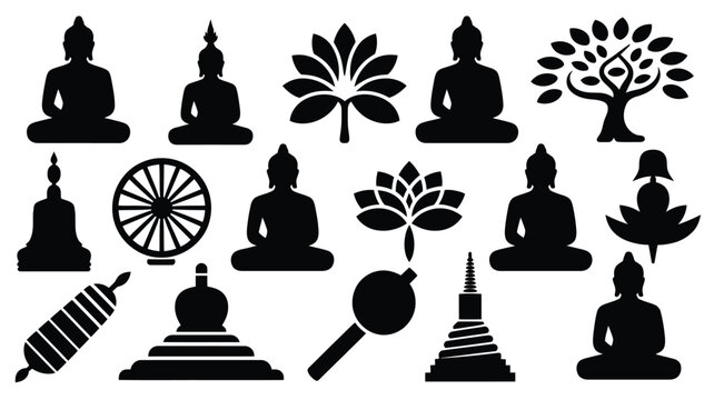 Collection of black silhouette buddhist symbols and icons including buddha statues lotus flowers dharmachakra wheel stupas and bodhi tree for spiritual and meditation concepts