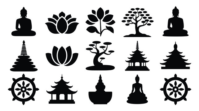 Collection of diverse buddhist and zen symbols including silhouetted buddha statues sacred lotuses pagoda temples dharmachakra wheels and bonsai trees isolated on white background