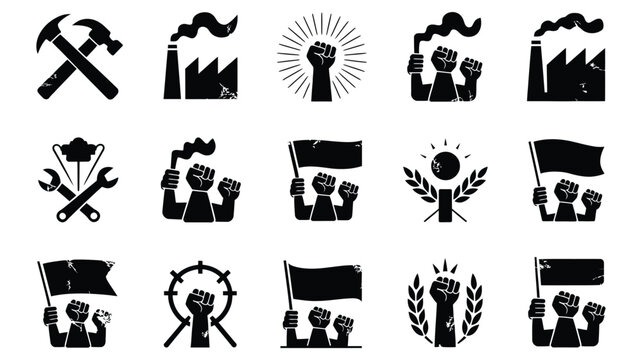 Collection of vintage style black and white icons representing labor industry protest and solidarity with strong fists flags factories and tools on a textured grunge background